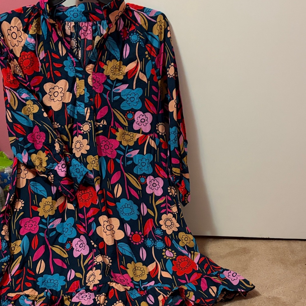 Floral Print Long Sleeve A-Line Dress in Navy with Multicolor Flowers